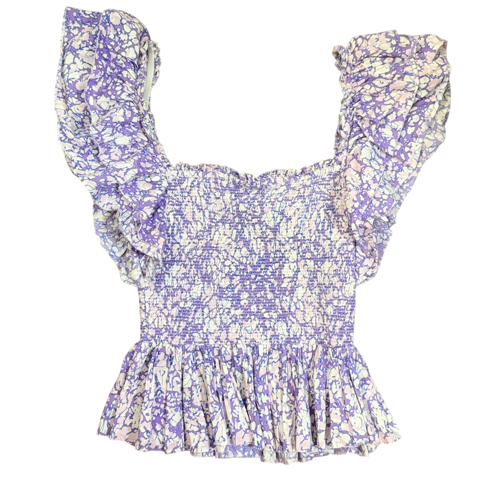 Love The Label Purple Floral Smocked Peplum Top Ruffle Sleeve Square Neck L